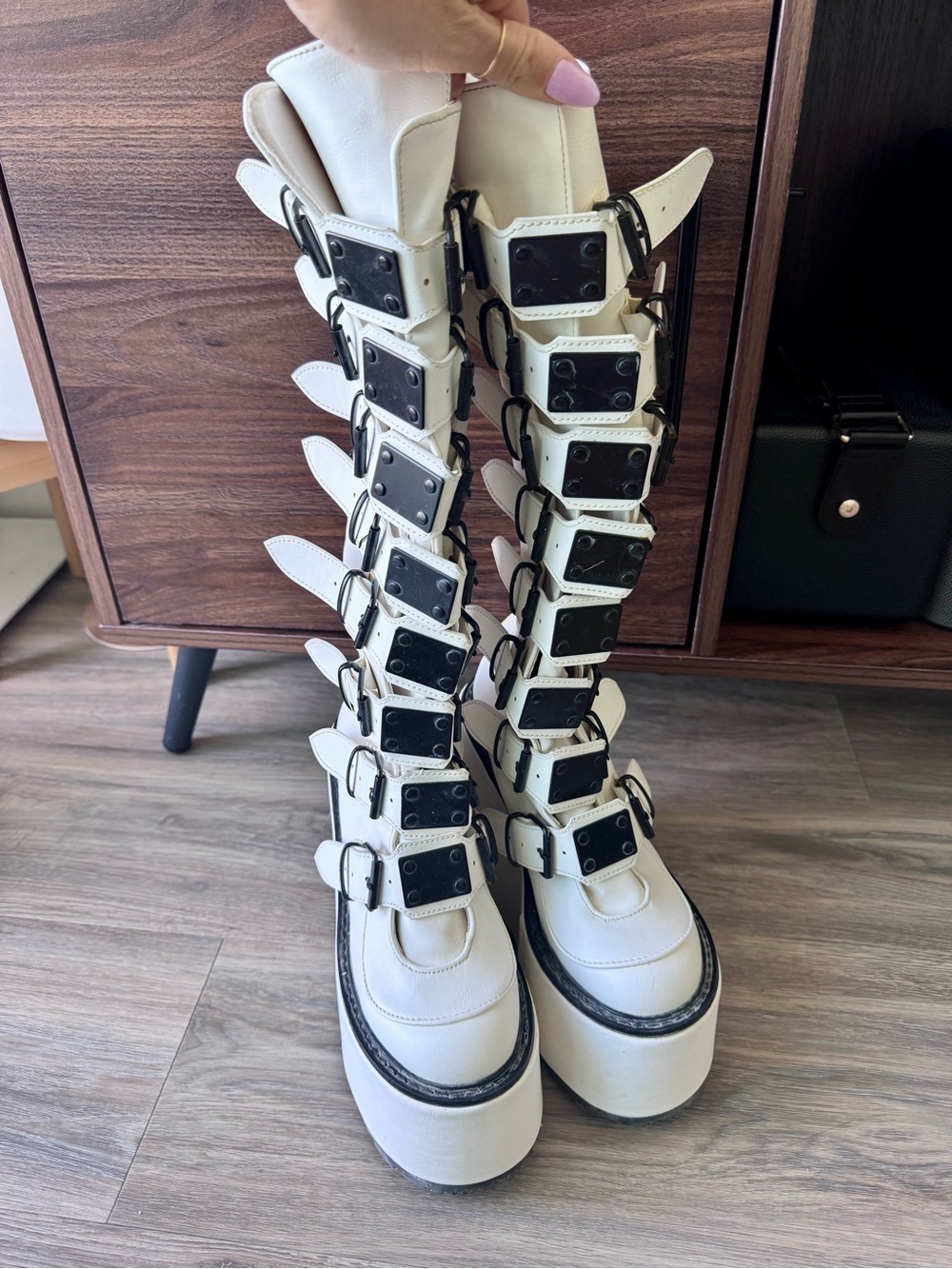 Demonia Swing-815 White Knee High Platform Buckle Boots